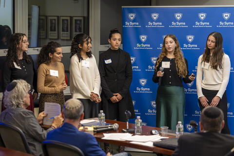 The Central team makes their winning pitch to the panel of judges. The team members are from left Camryn Brunner, Sarah Galanti, Maya Goykadosh, Ma’ayan Kotkin, Emily Segall, and Hudis Schnur